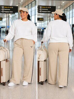 Champion Women’s XL Wide Leg Fleece Sweatpants Oatmeal Beige Side Stripe NWT
